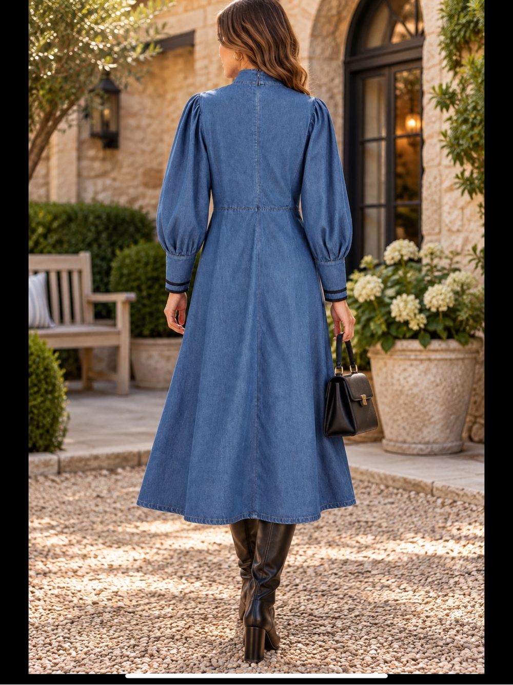 NWT ATTRIME Denim Midi Dress Puff Sleeve High Neck Black Trim Equestrian L/XL - Picture 6 of 16